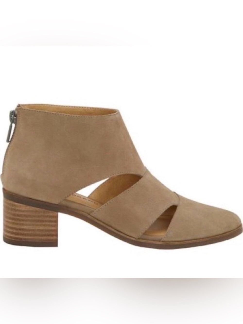 LUCKY BRAND RALWAN Taupe Suede Cutout Block Heel Bootie SZ 6.5 EUC $139